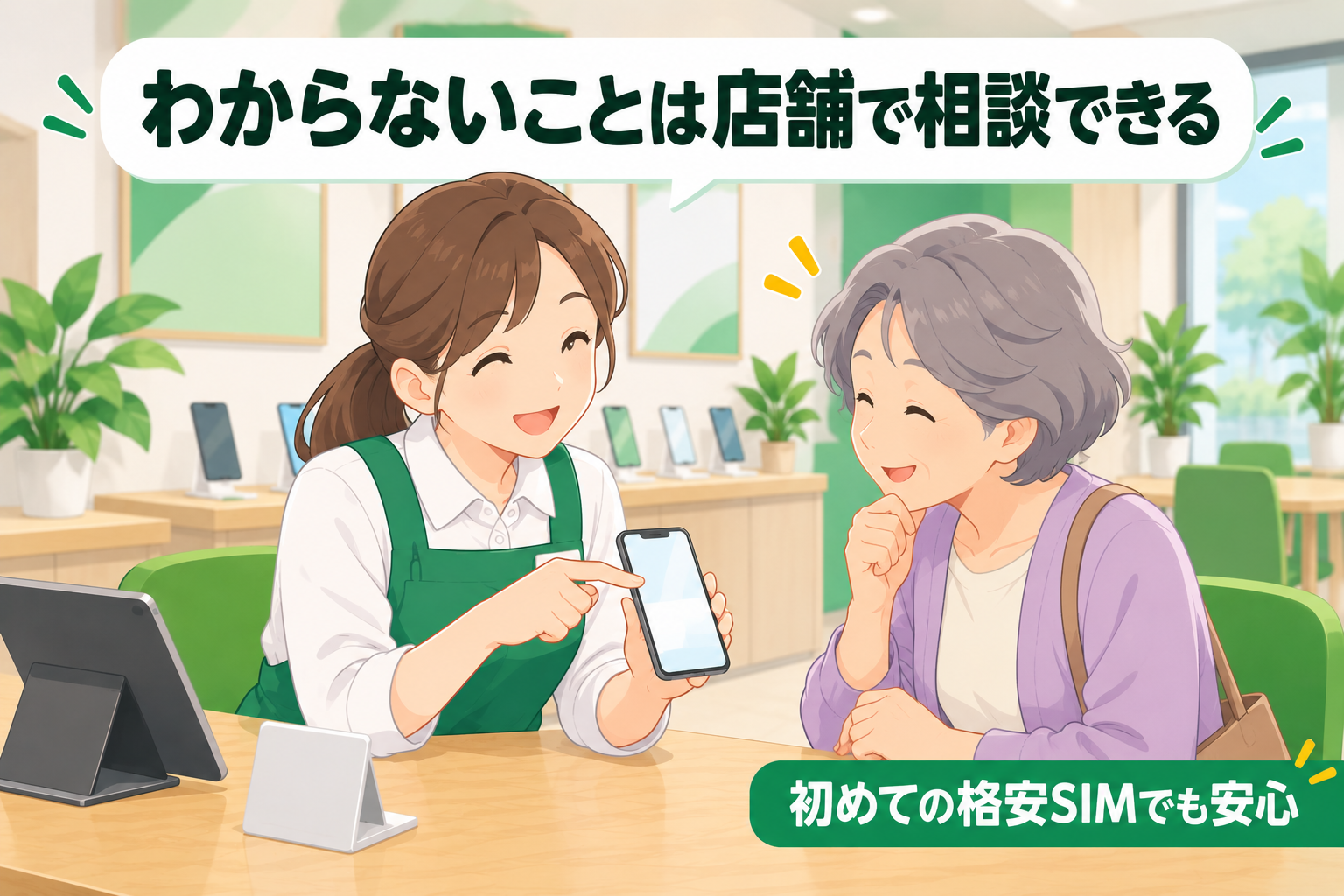 エックスモバイルの店舗でスマホの設定を相談するイメージ